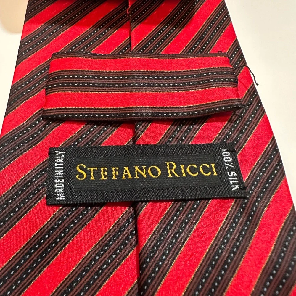 Stefano Ricci Firenze Italy Men’s Silk Tie Red Black Striped 3.5” Wide 60+” Long